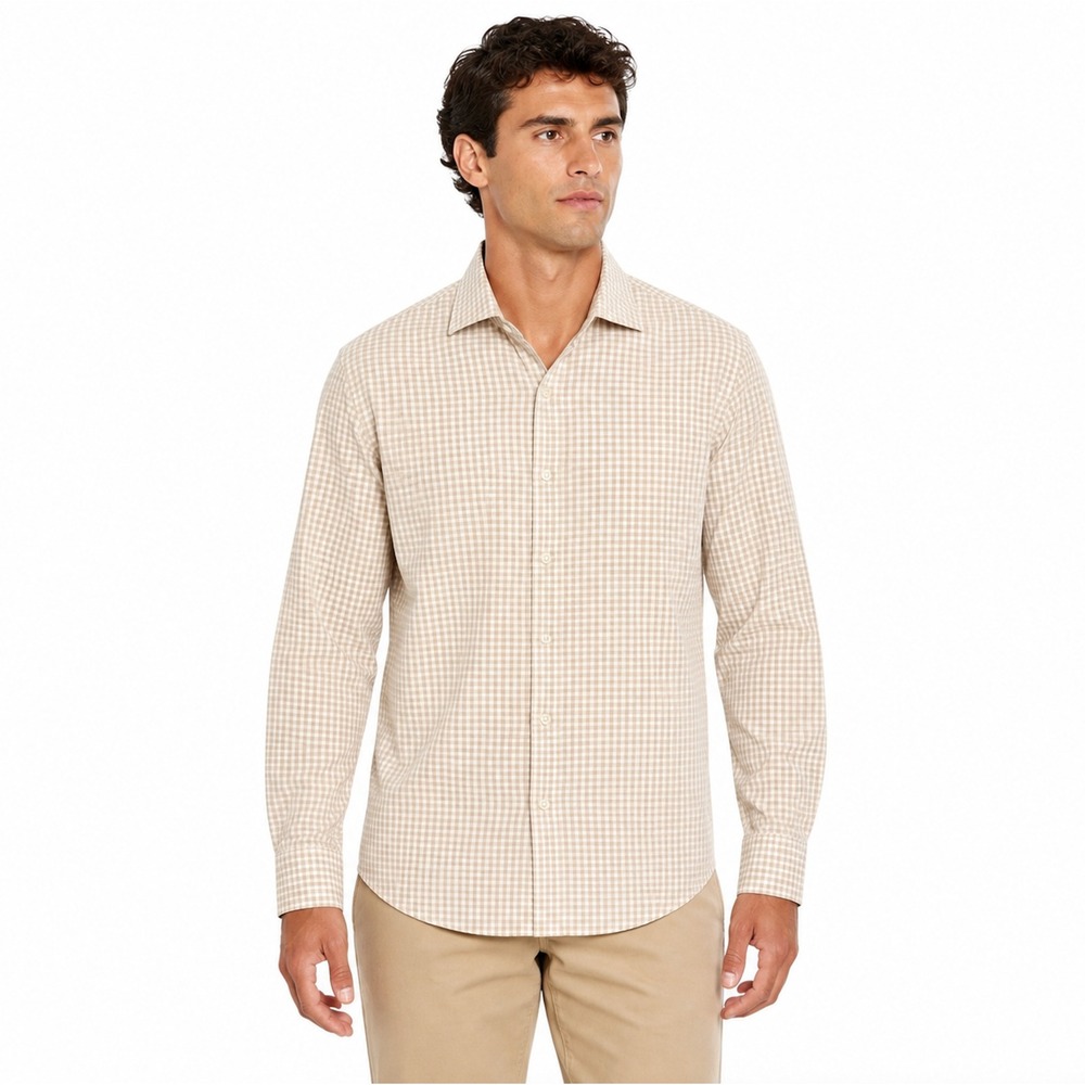Perry Ellis Mens Tan White Gingham Check Cotton Button Down Shirt MEDIUM